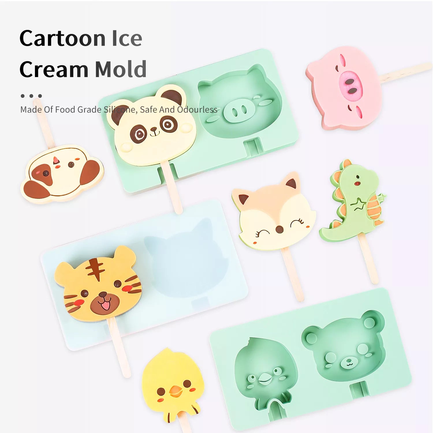 2-Cavity Cartoon Animal Ice Cream Silicone Mold