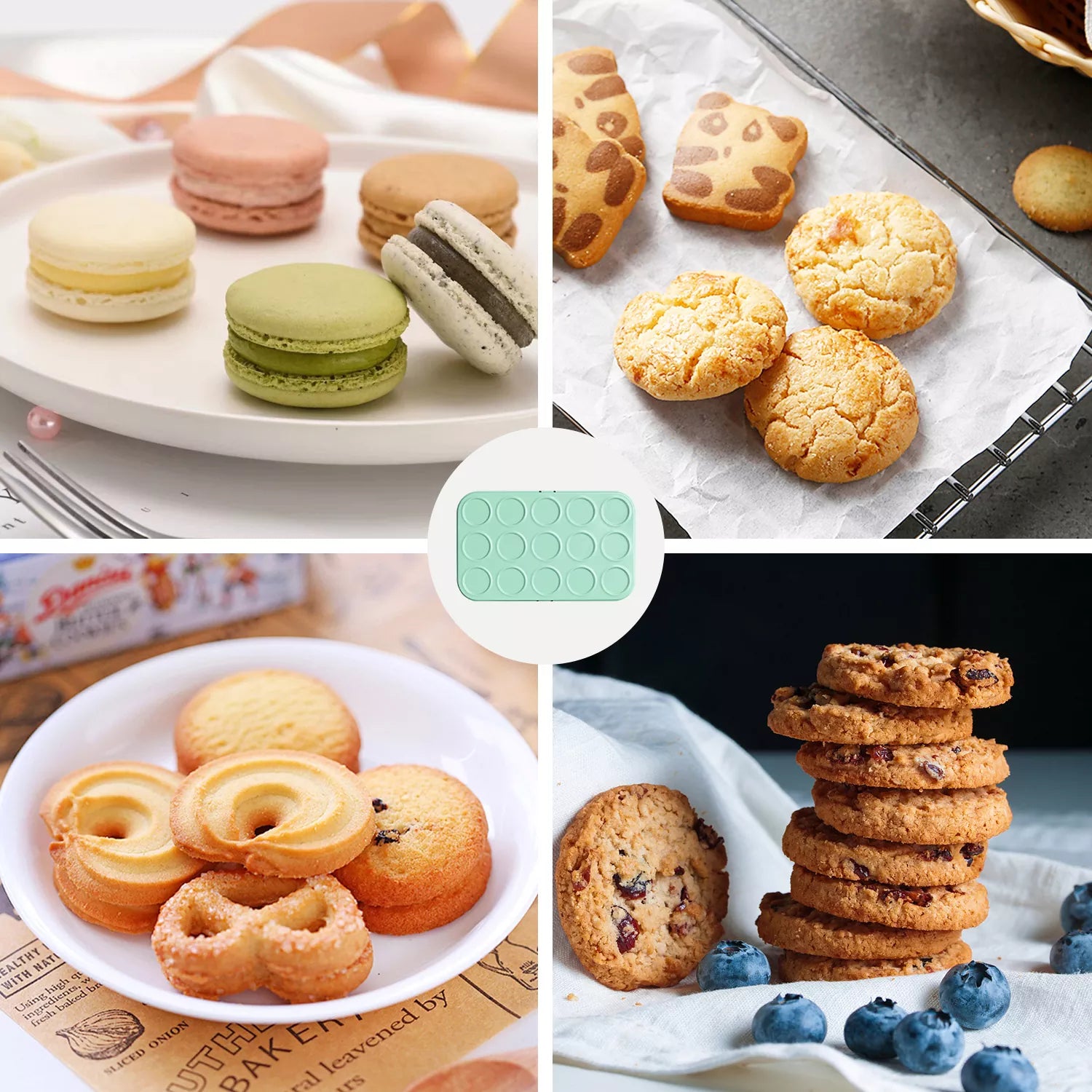 15-Cavity Green Macaron Biscuit Carbon Steel Baking Pan