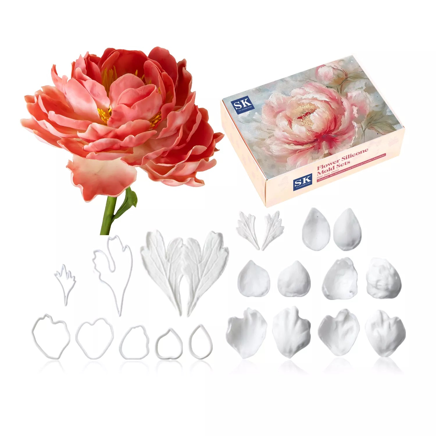 ZZJ0091 Realistic Peony Sugar Paste Cutting And Embossing Silicone Mold Set